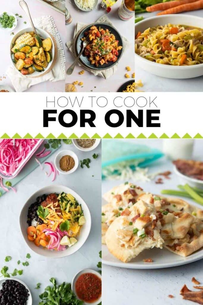 five bowls and plates of food with text overlay 'how to cook for one'