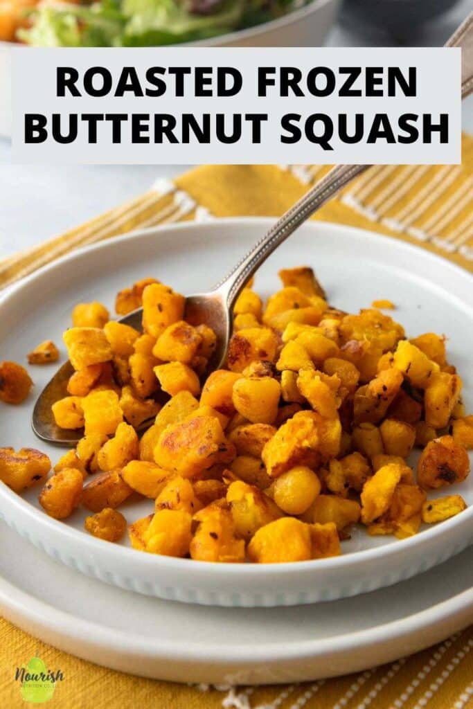 plate of roasted butternut squash with text overlay