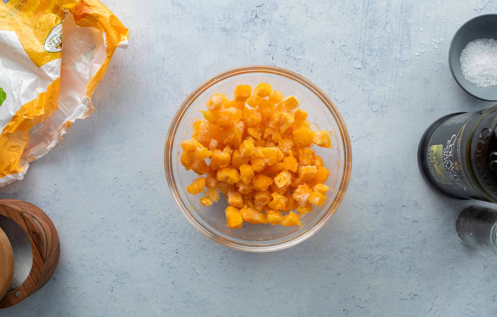 frozen butternut squash cubes in bowl