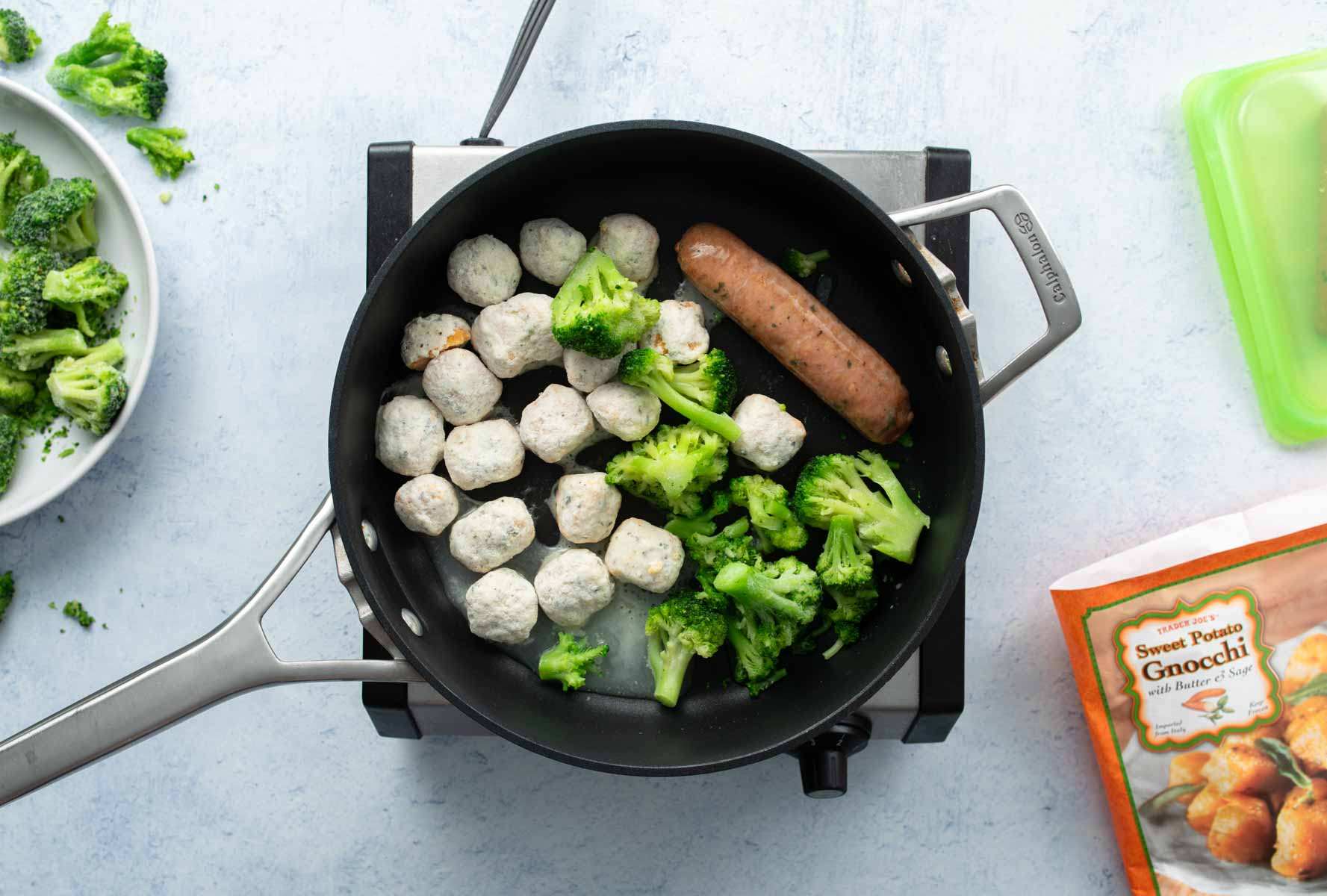 frozen gnocchi, broccoli, sausage in skillet
