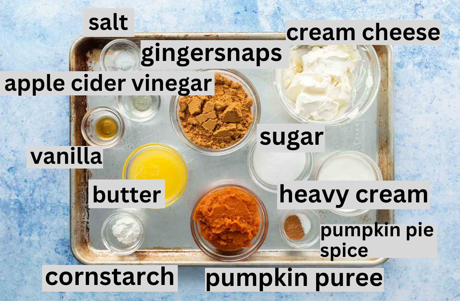 no bake pumpkin cheesecake bar ingredients on baking sheet, with labels