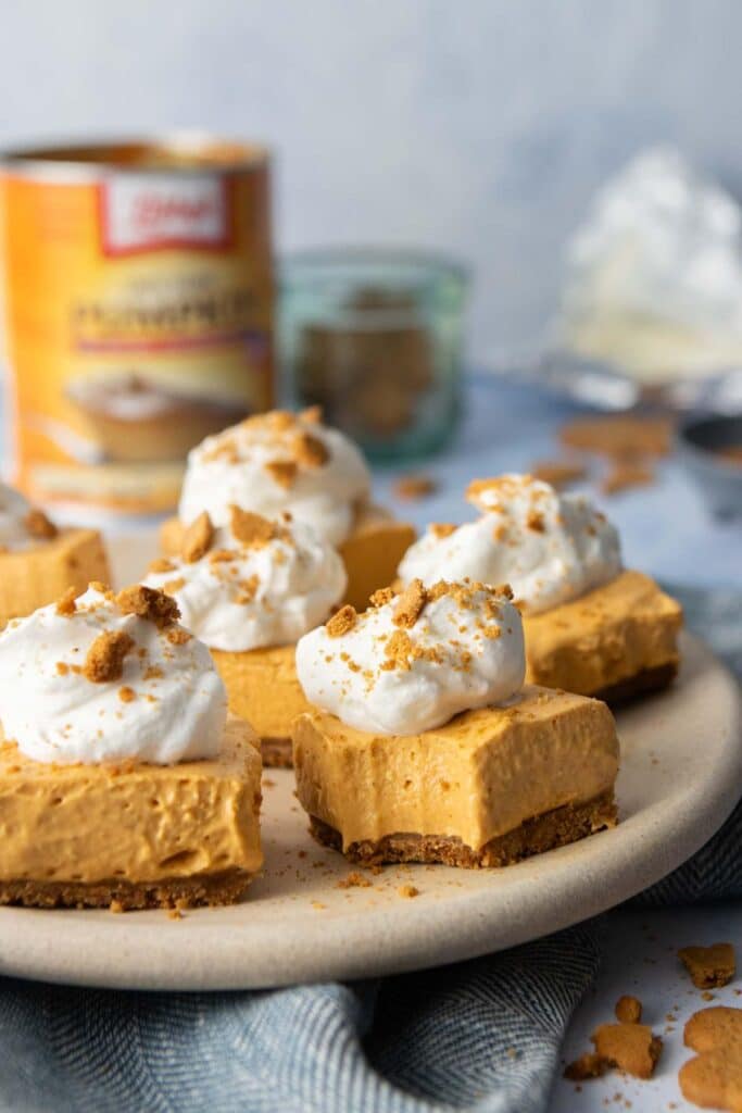 plate with pumpkin cheesecake bars with whipped cream