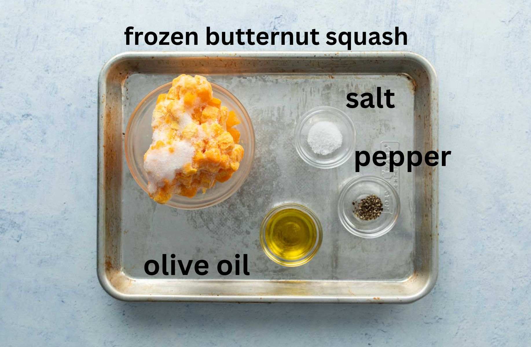 roasted frozen butternut squash ingredients on baking pan