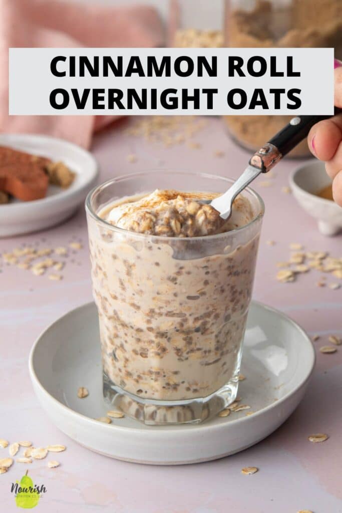 spoon of overnight oats in glass, with text overlay