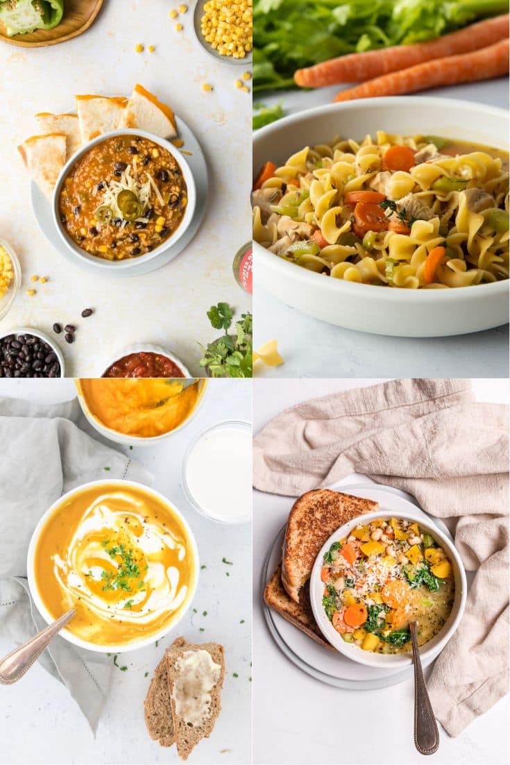 four bowls of soup in a collage