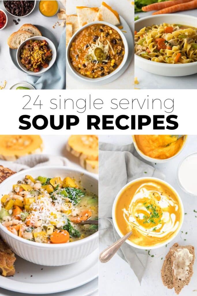 five images of bowls of soup, with text overlay