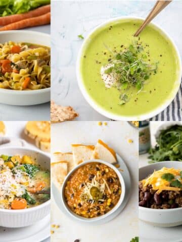 five different soups in a collage