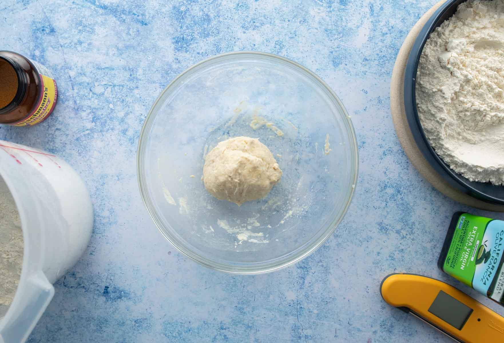 kneaded pizza dough in bowl