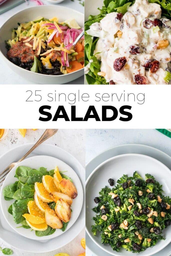 four salads in bowls, with text overlay