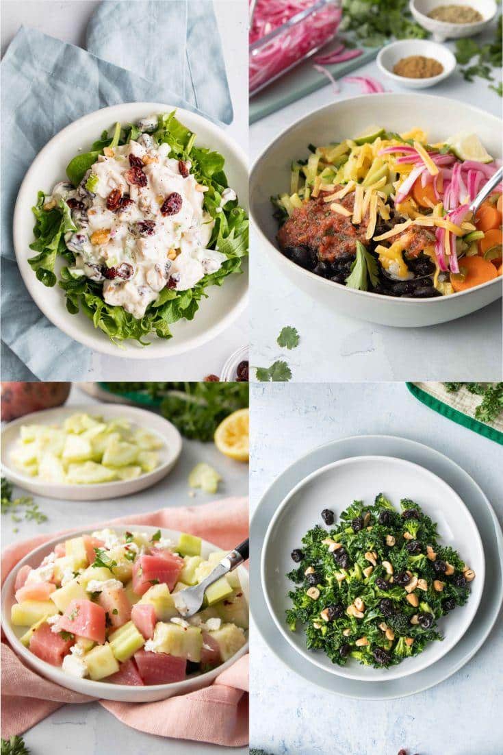 four salads in bowls, in a collage