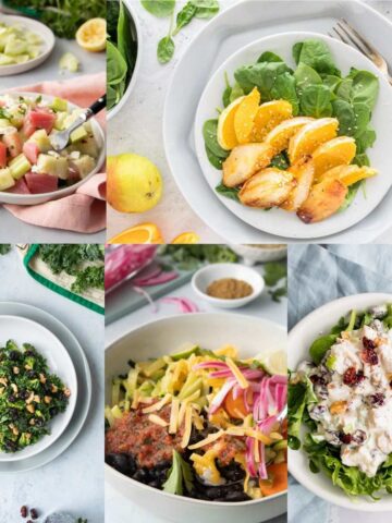 five salads in bowls