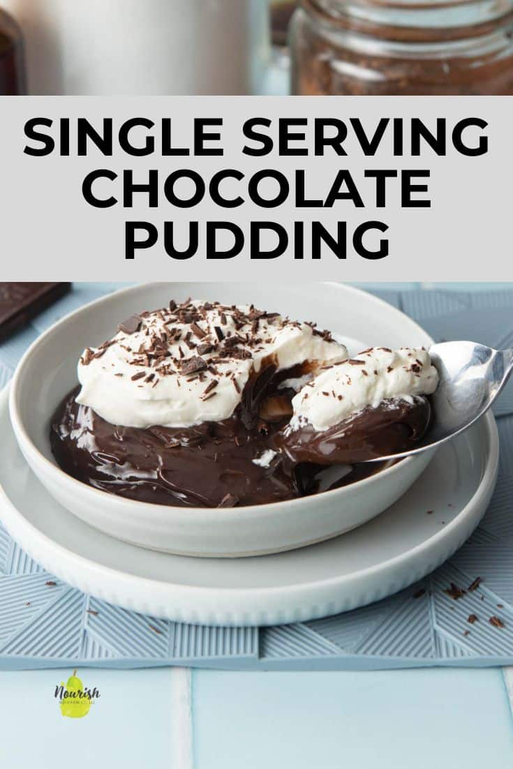 chocolate pudding in bowl, with text overlay