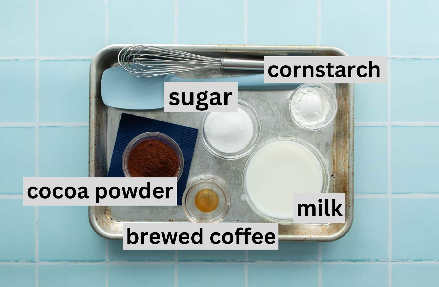 chocolate pudding ingredients in sheetpan, with labels