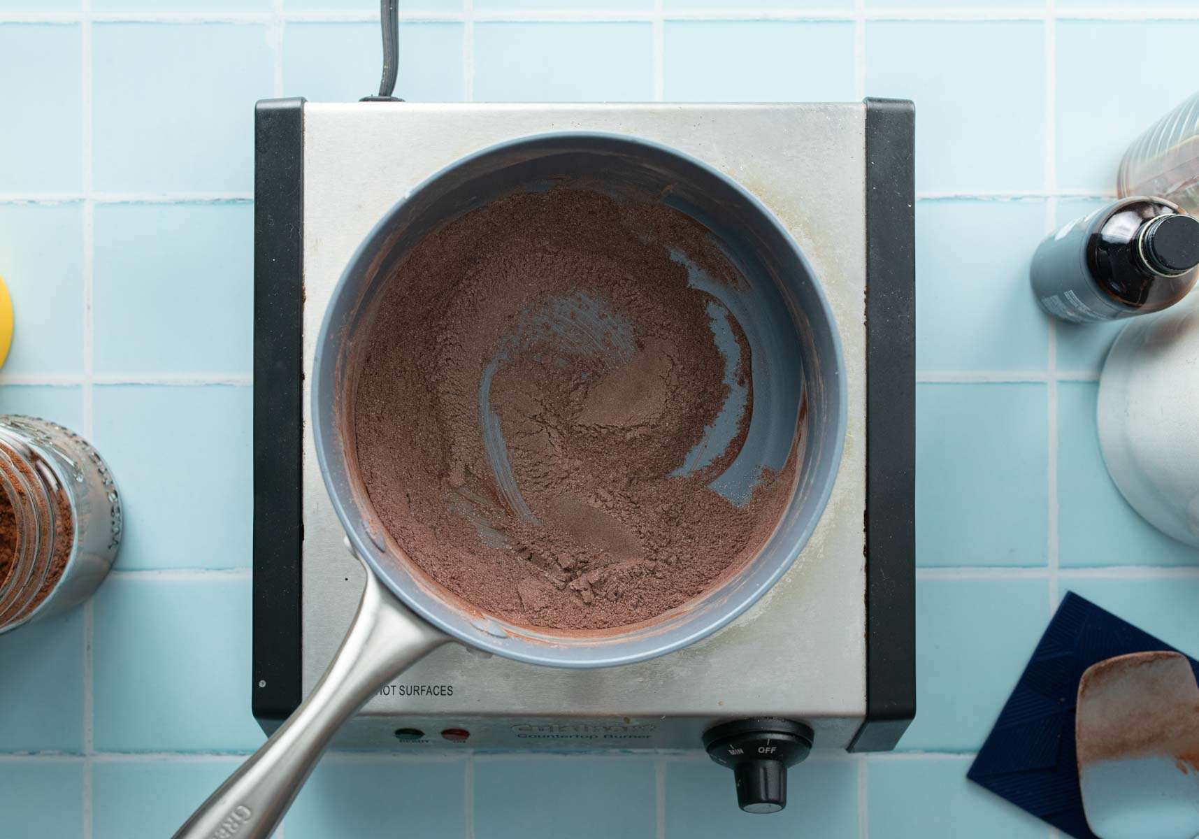 chocolate pudding mix in saucepan