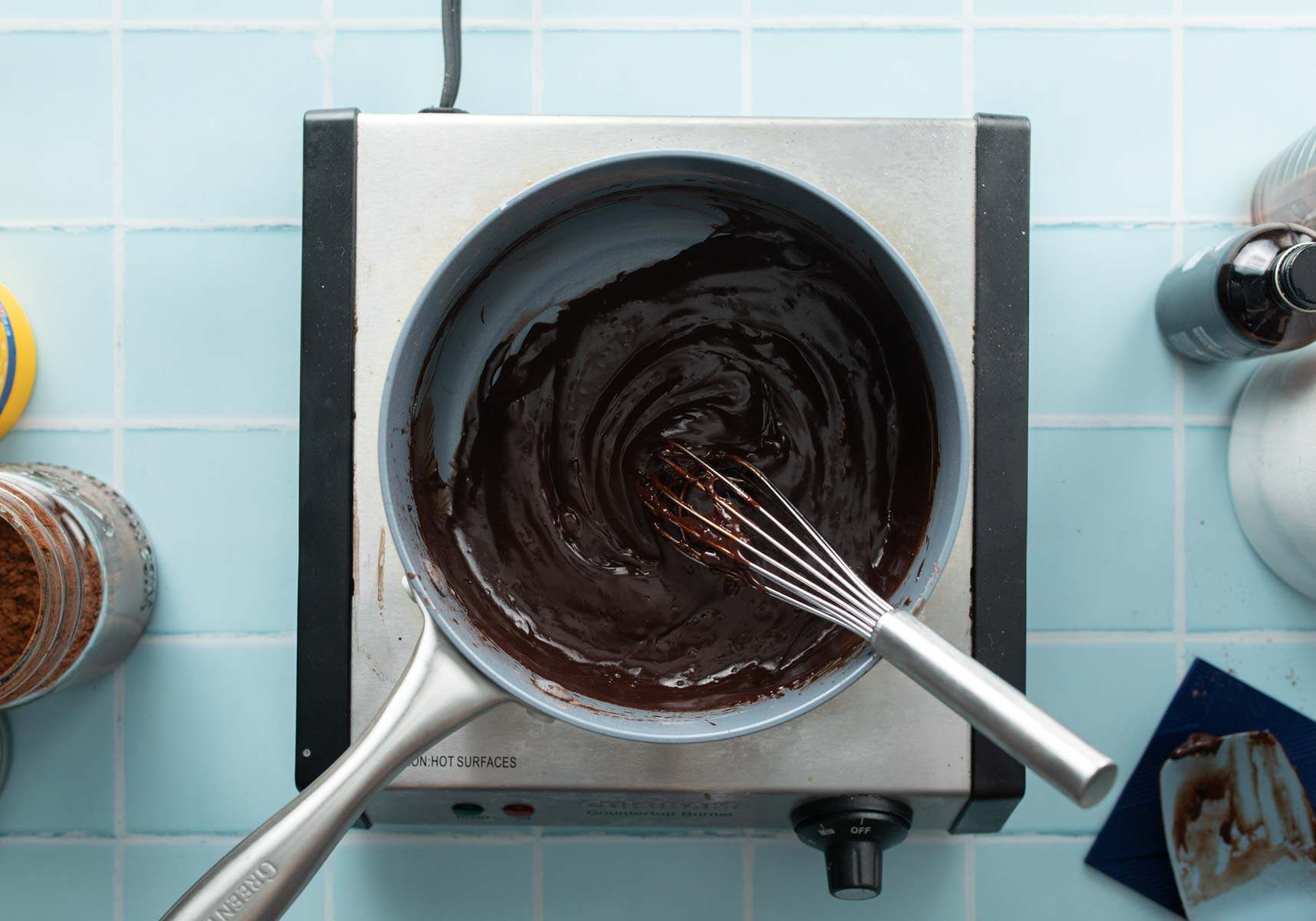 thickened chocolate pudding in pot