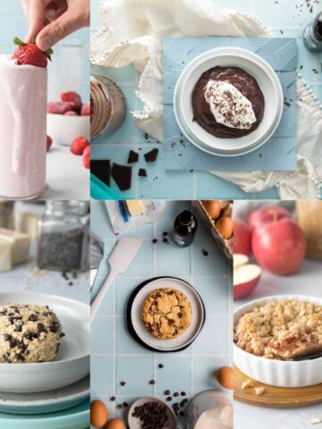 five photos of single serving desserts