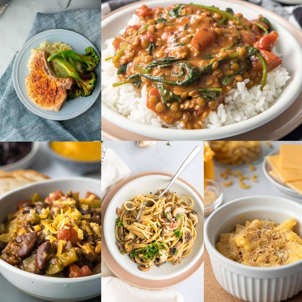 collage of five single serving dishes